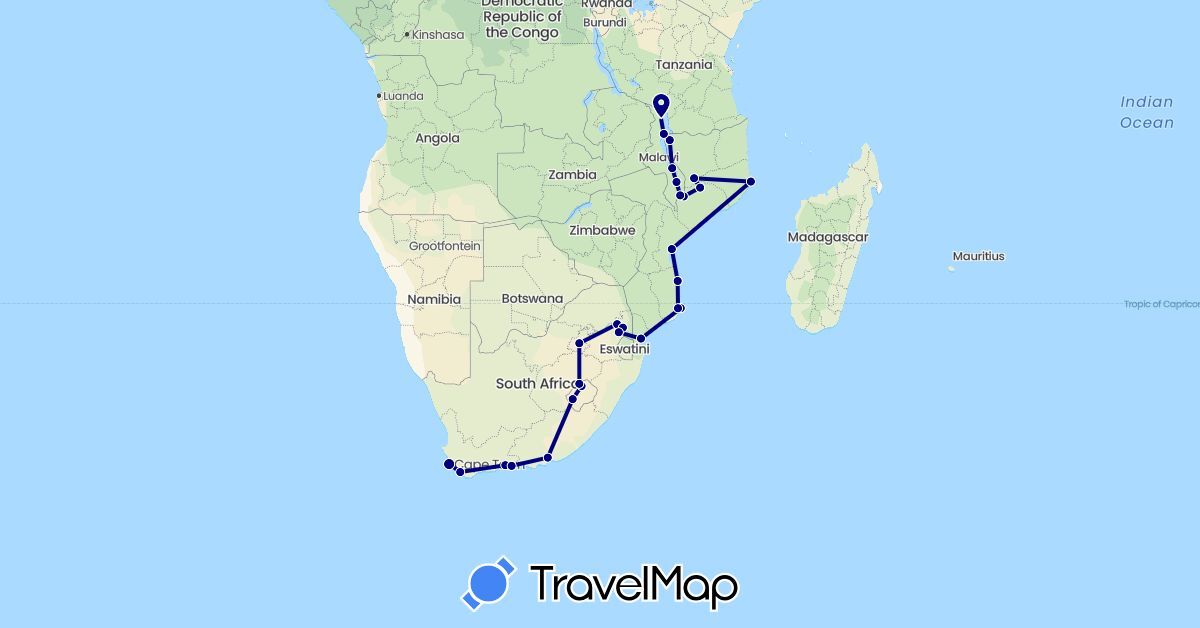 TravelMap itinerary: driving in Lesotho, Malawi, Mozambique, South Africa (Africa)