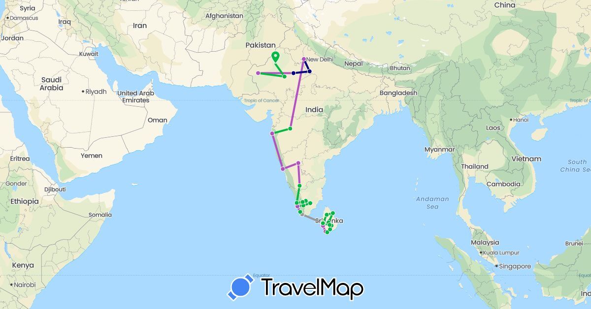 TravelMap itinerary: driving, bus, plane, train in India, Sri Lanka (Asia)